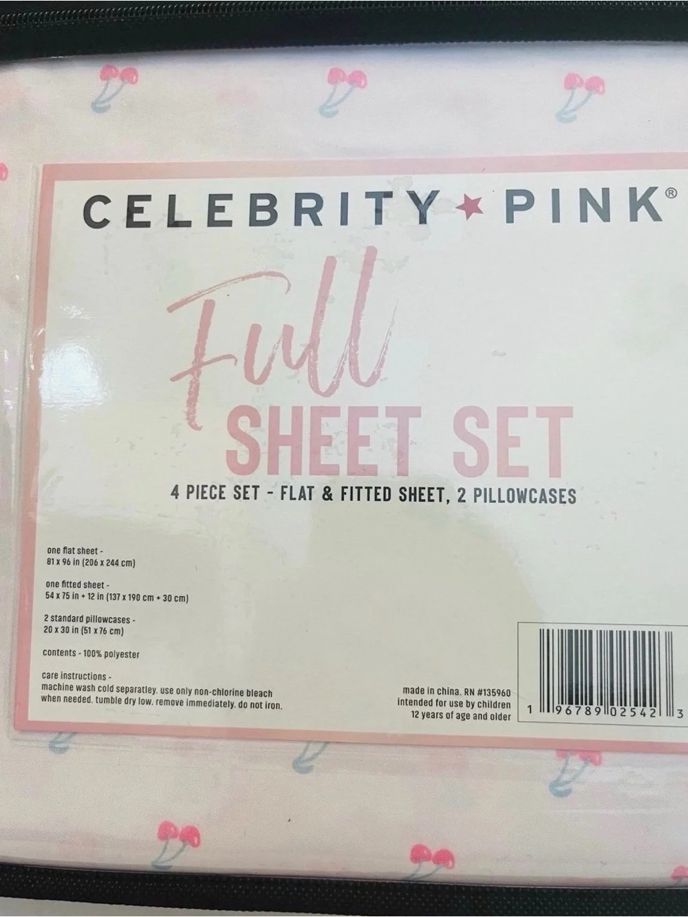 Celebrity Pink Full Size Sheet Set Soft Pink with Cherries